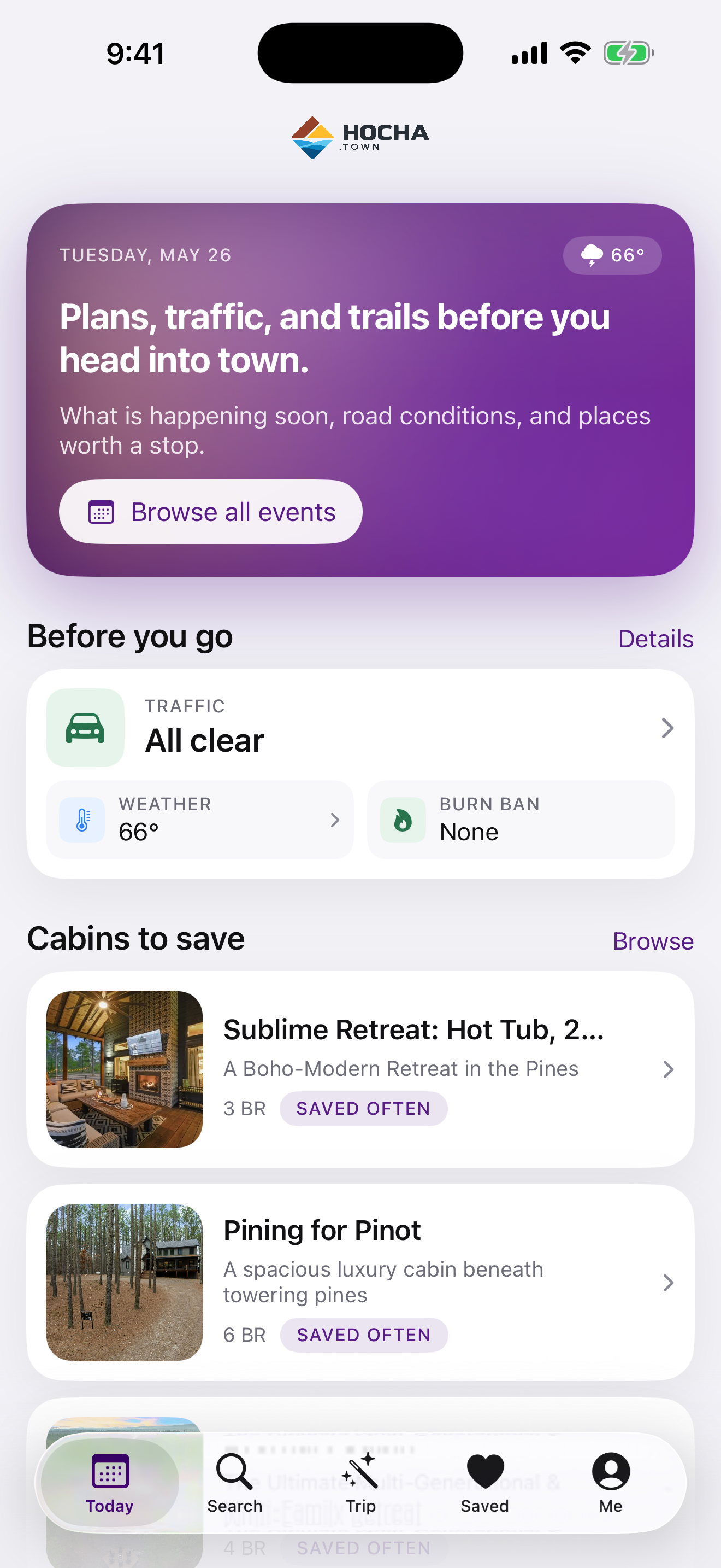Discover Hochatown app — Today screen with weather, traffic and cabins to save